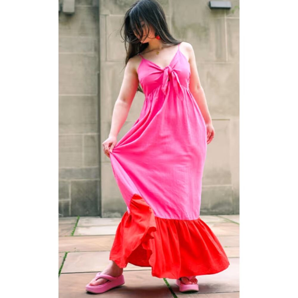 Tabitha Brown Target Linen Tie-Front Maxi Dress Pink Red Size Small